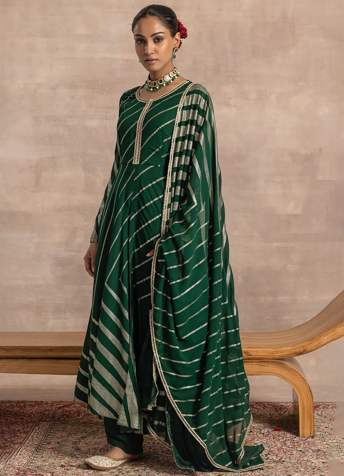 Astoria Emerald Foil Striped Dupatta