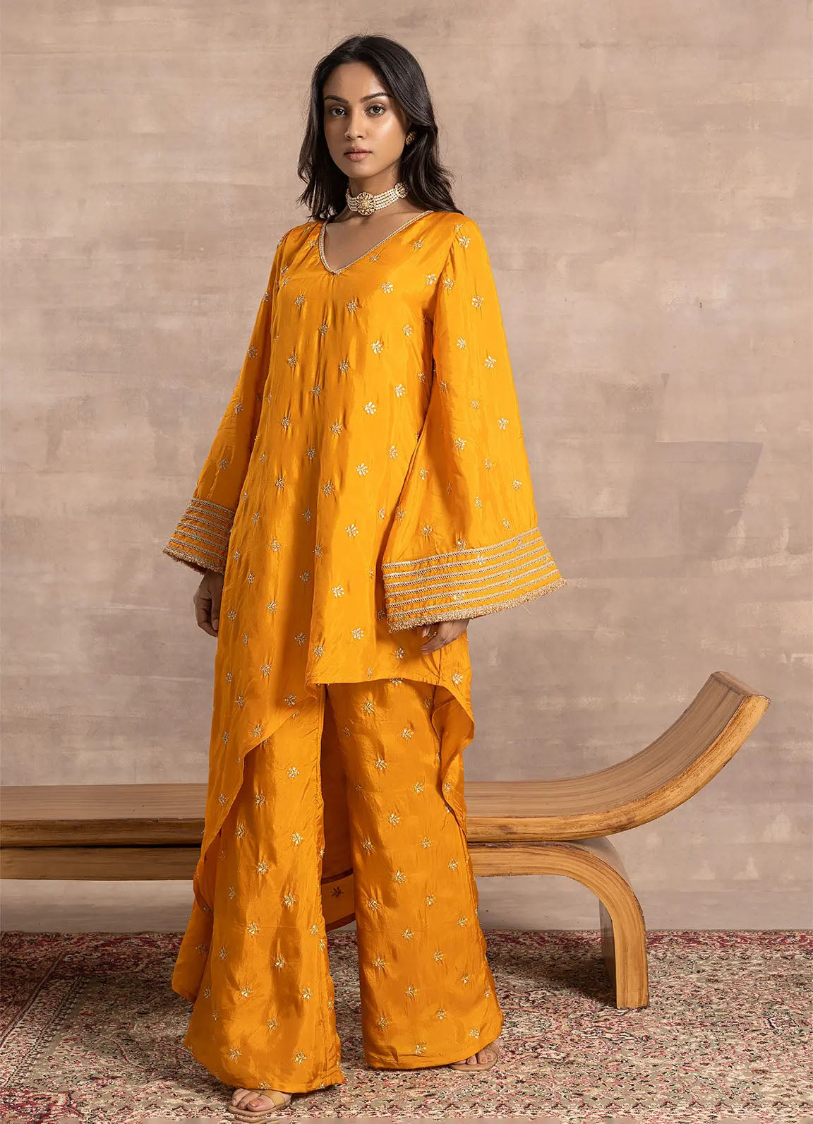 Astoria Mango Yellow Zari Motif Asymmetric Kurta set