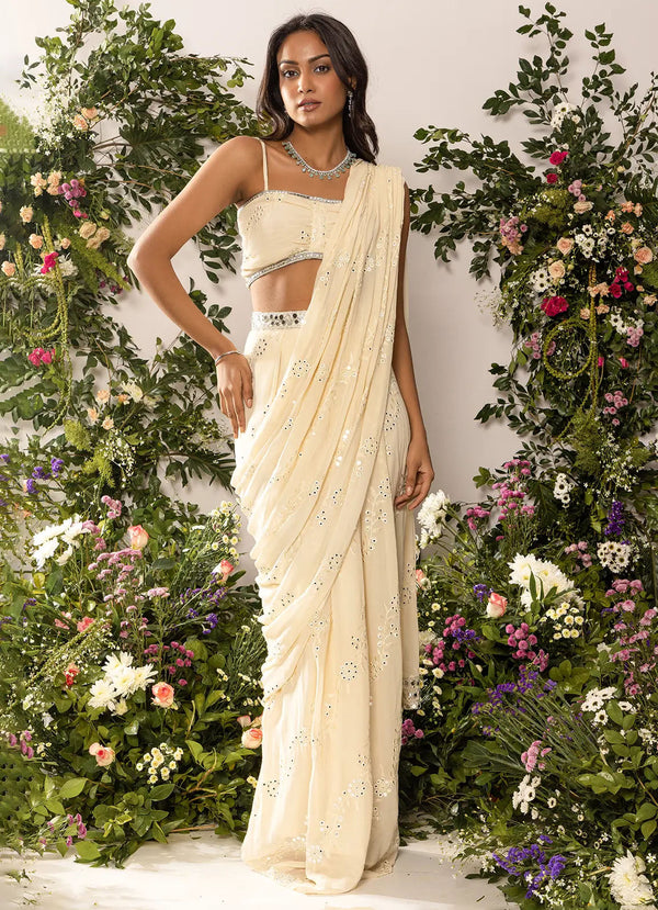astoria Ivory Floral Embroidered Skirt Sari Set