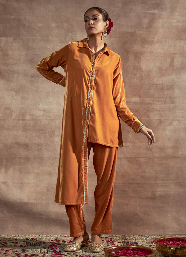 Nayaab Mustard Asymmetric Shirt With Pants