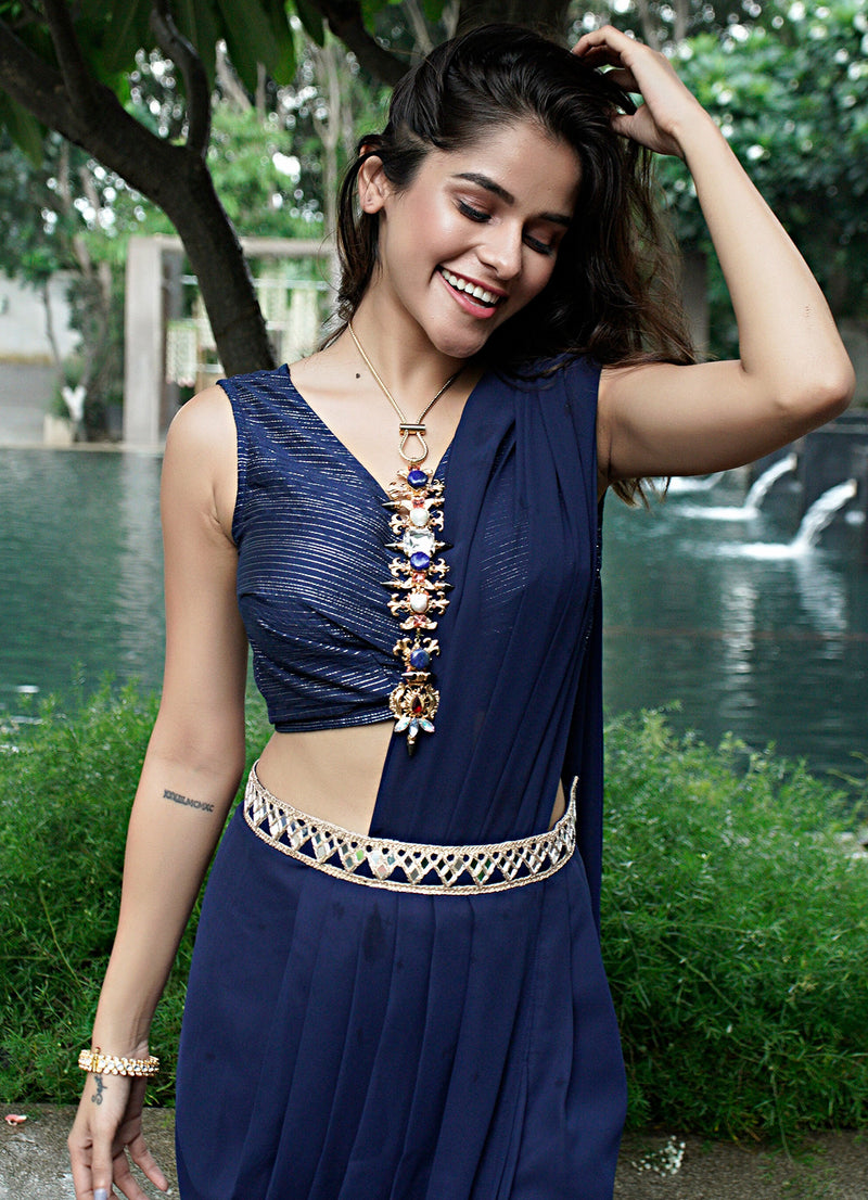 Navy Drape Sari Set - Alaya by Stage3