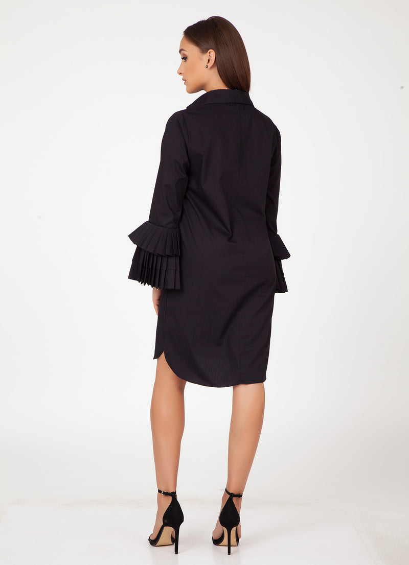 Black Shirt Dress with Pleated Sleeves - Alaya by Stage3