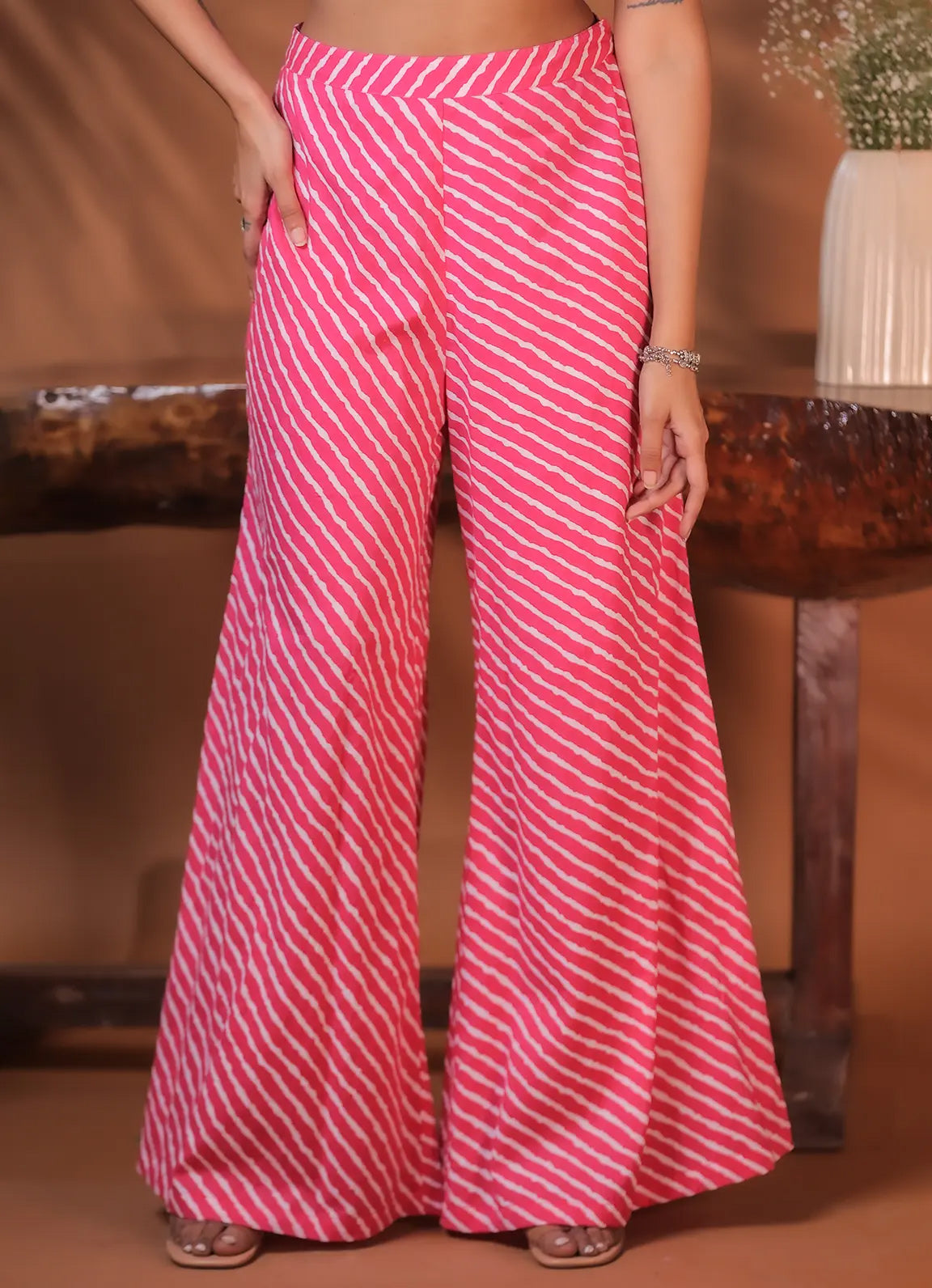 Pink Striped Cotton Flared Pants