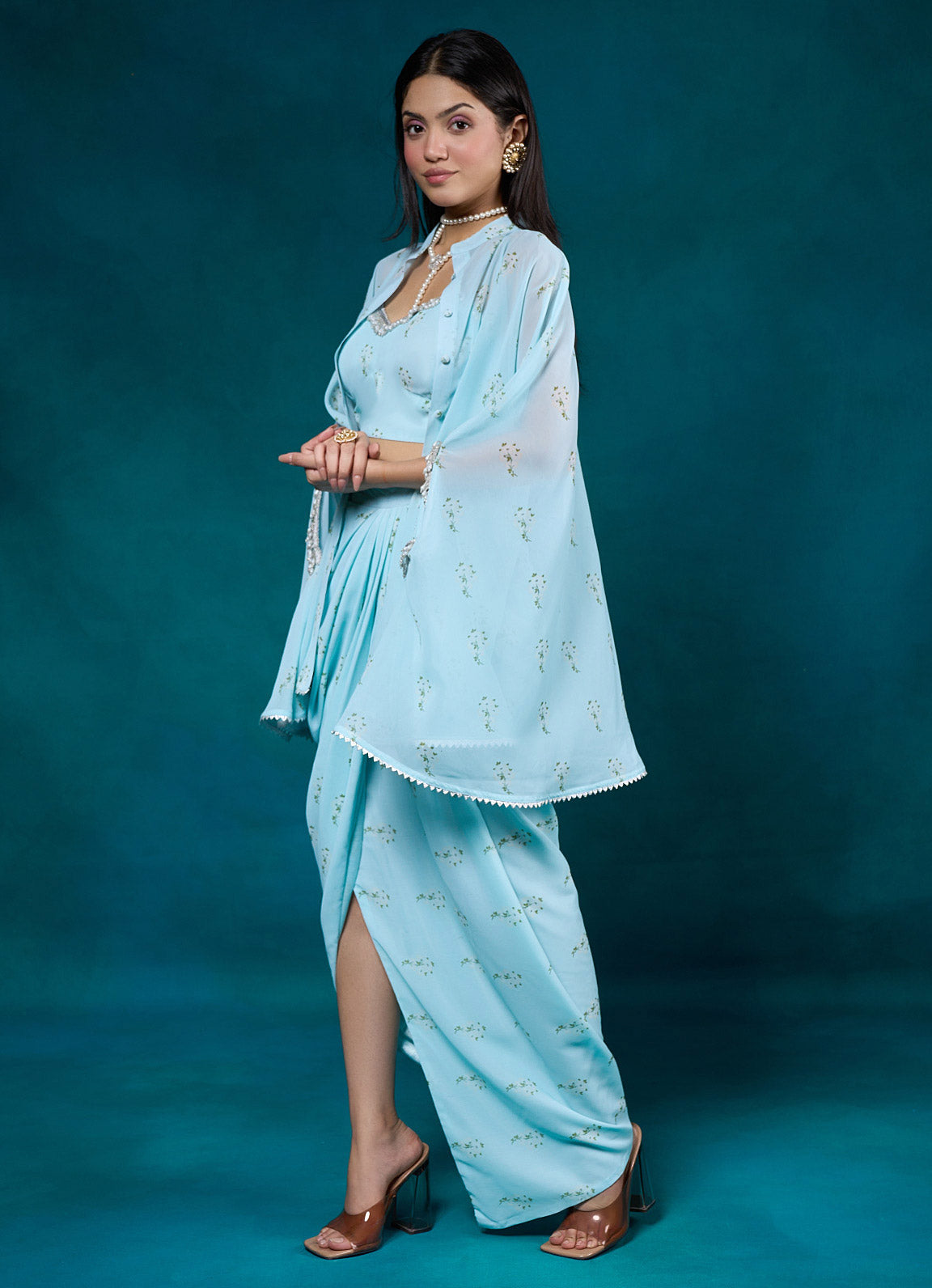 Falak Sky Blue Floral Flared Kimono