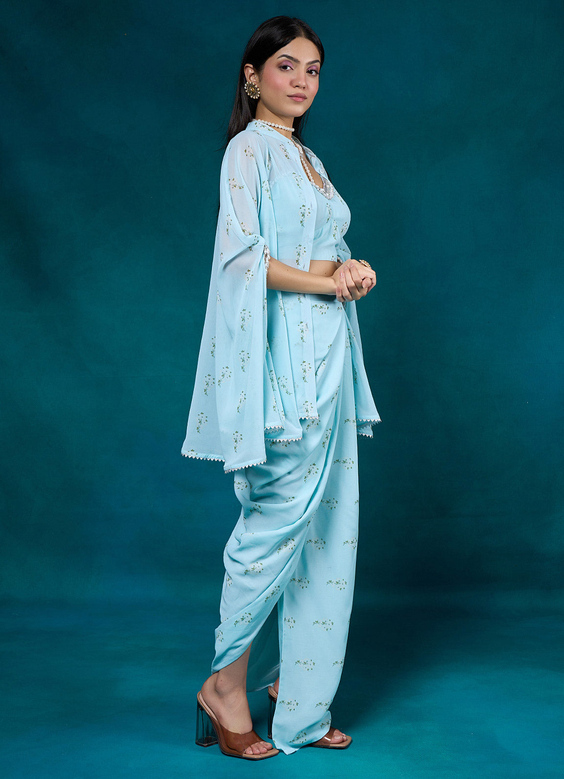 Falak Sky Blue Floral Flared Kimono