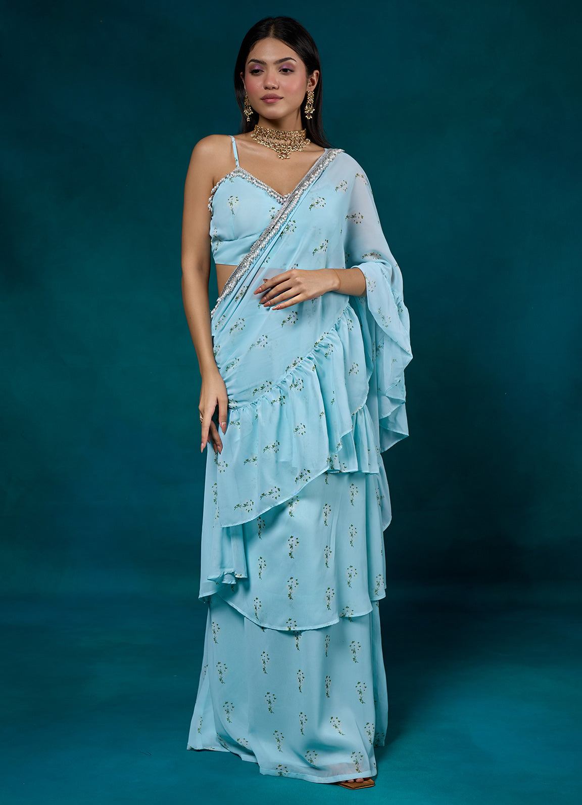 Falak Sky Blue Floral Ruffle Sari