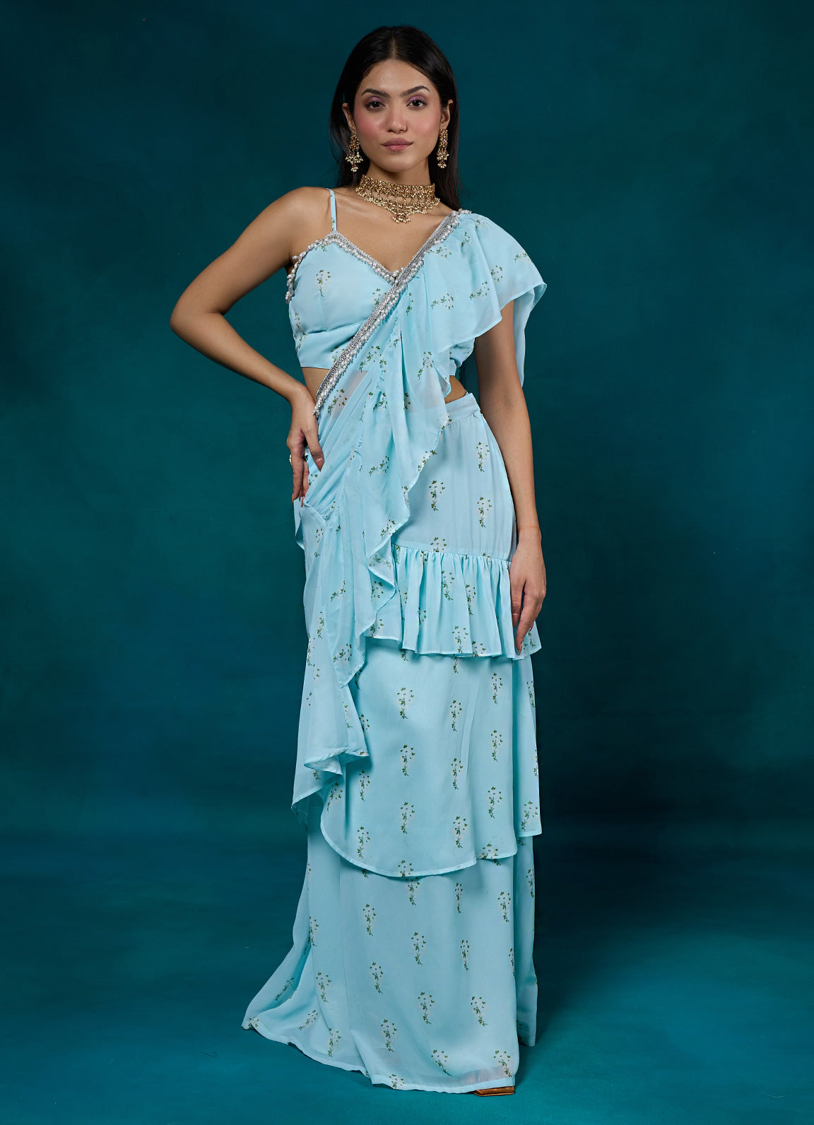 Falak Sky Blue Floral Ruffle Sari