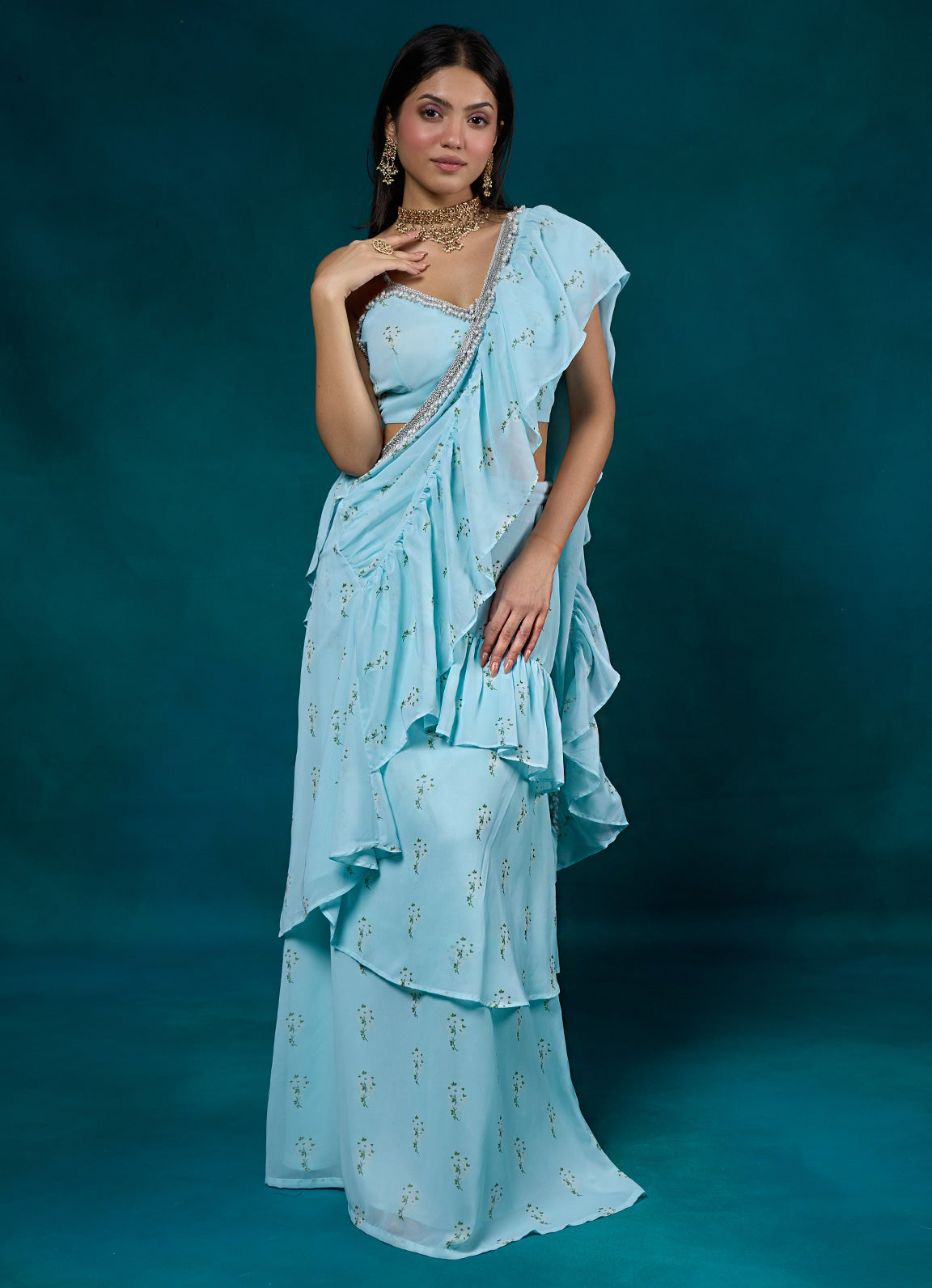 Falak Sky Blue Floral Ruffle Sari