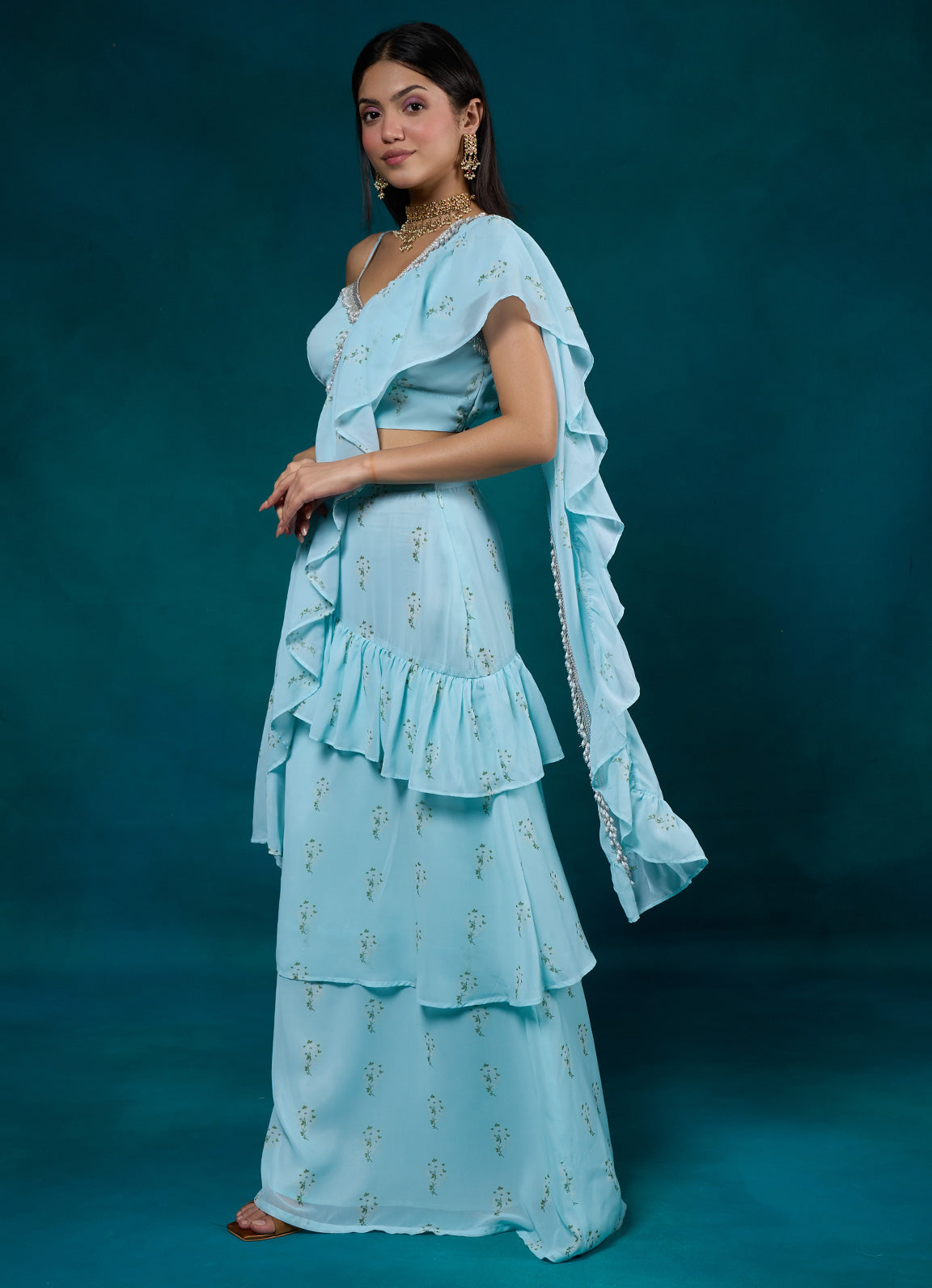 Falak Sky Blue Floral Ruffle Sari