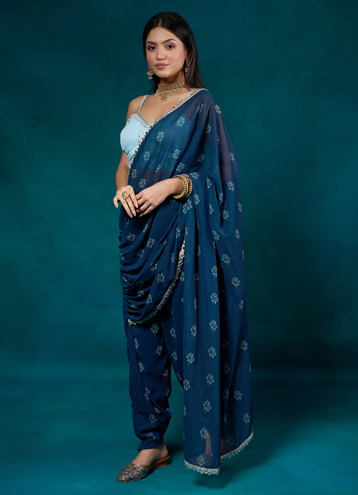 Falak Navy Floral Dhoti Sari