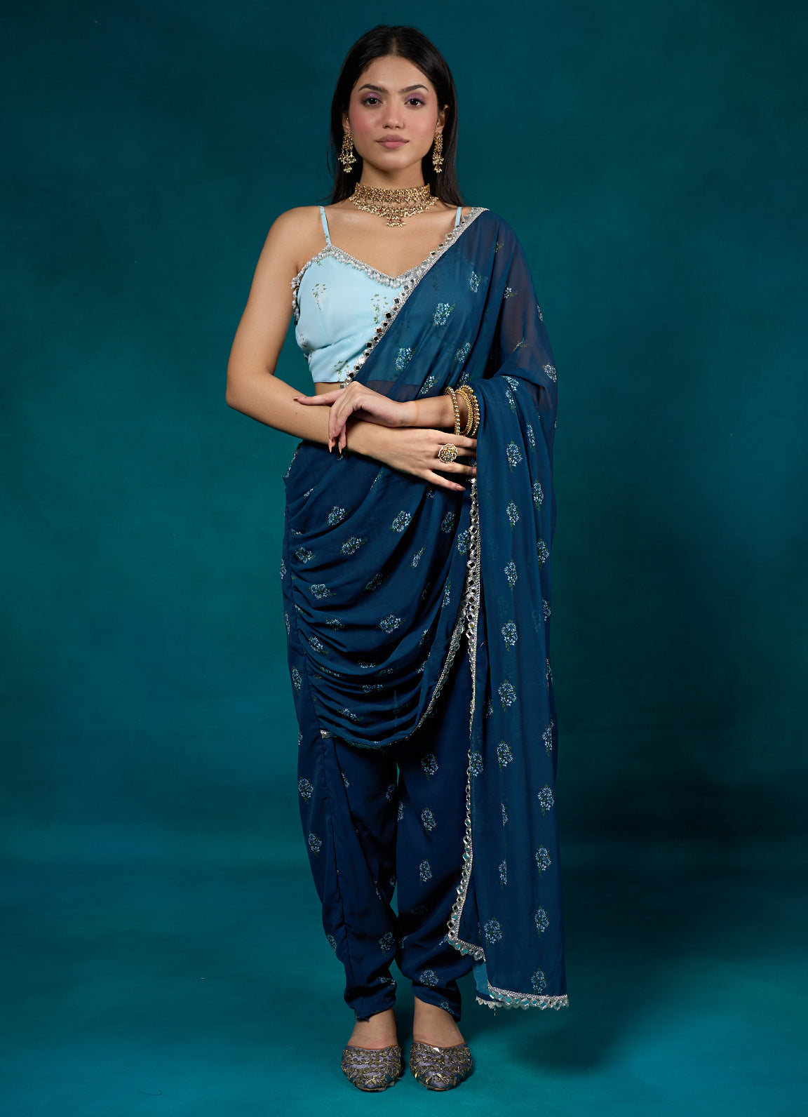 Falak Navy Floral Dhoti Sari