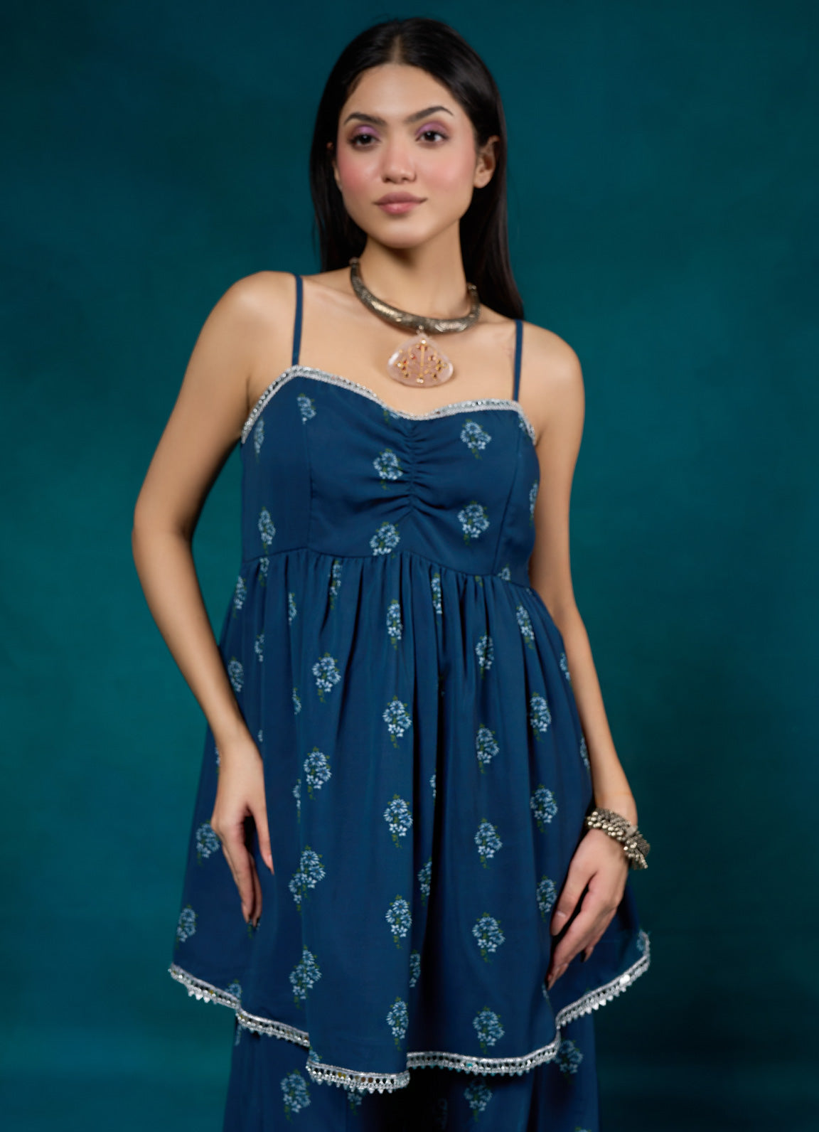 Falak Navy Floral Peplum Cami Kurta