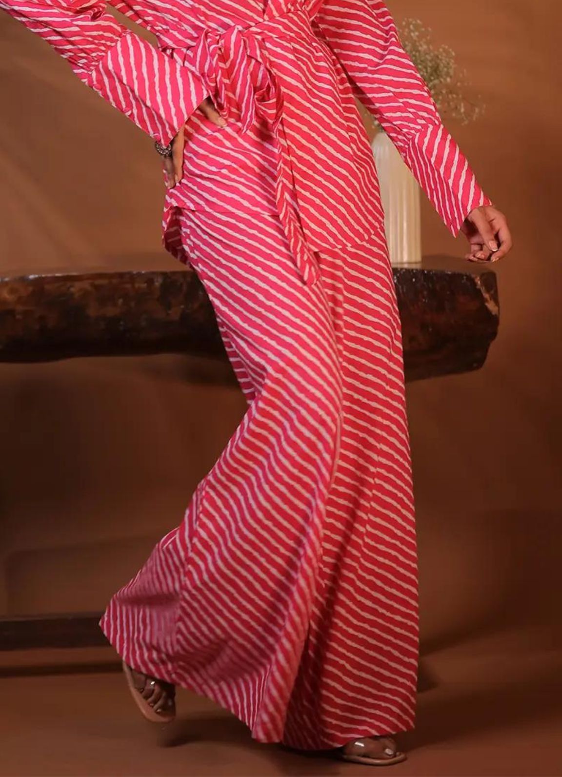 Pink Striped Cotton Flared Pants