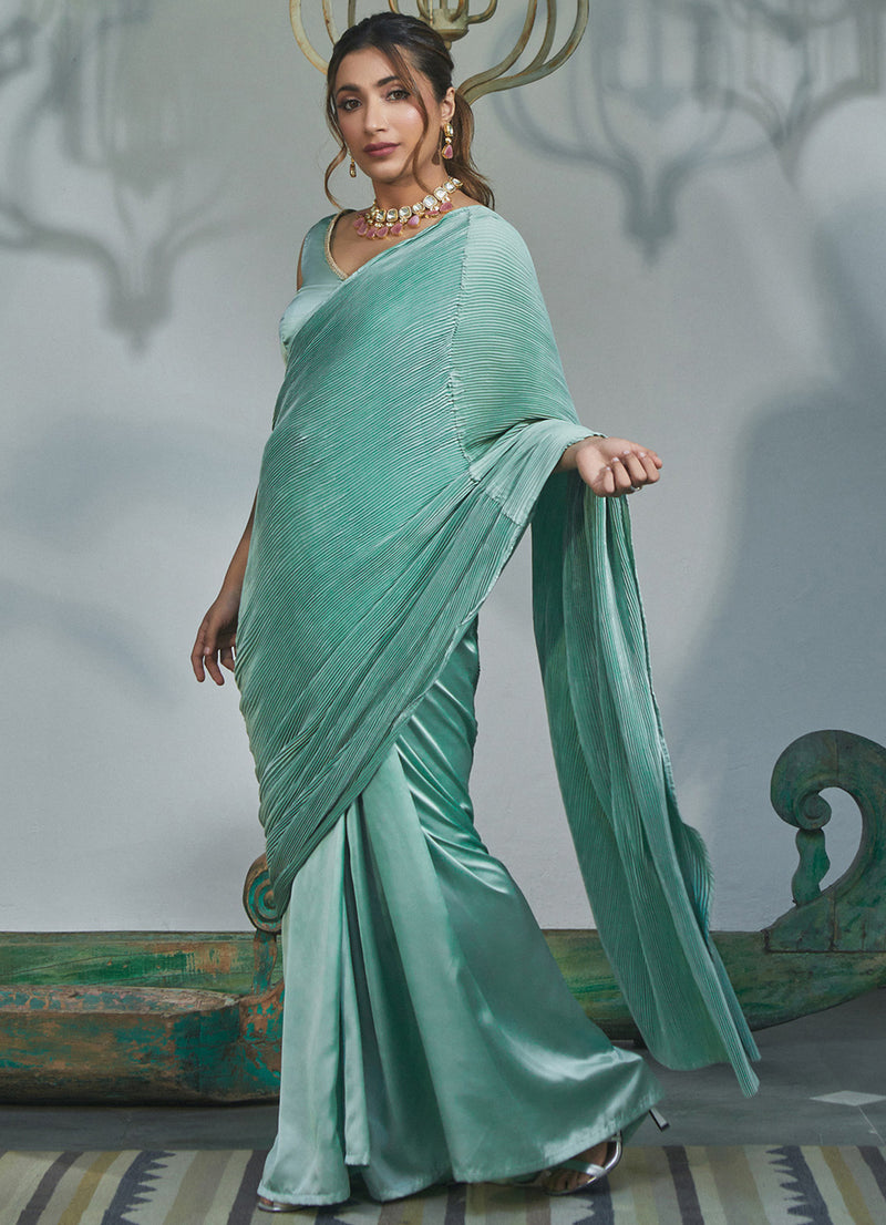 Cister Co Pista Green Pleated Drape Sari Set – Alaya by Stage3