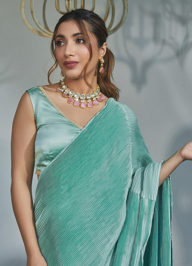 Cister Co Pista Green Pleated Drape Sari Set