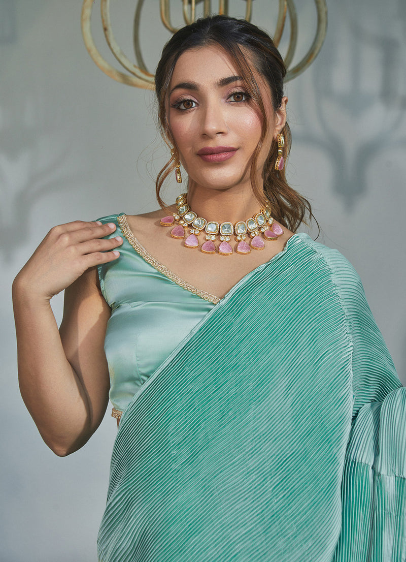 Cister Co Pista Green Pleated Drape Sari Set