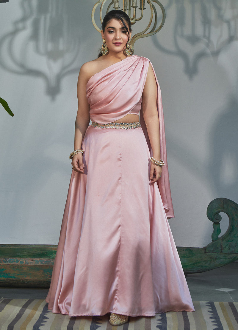 Cister Co Blush Pink Drape Blouse with Lehenga