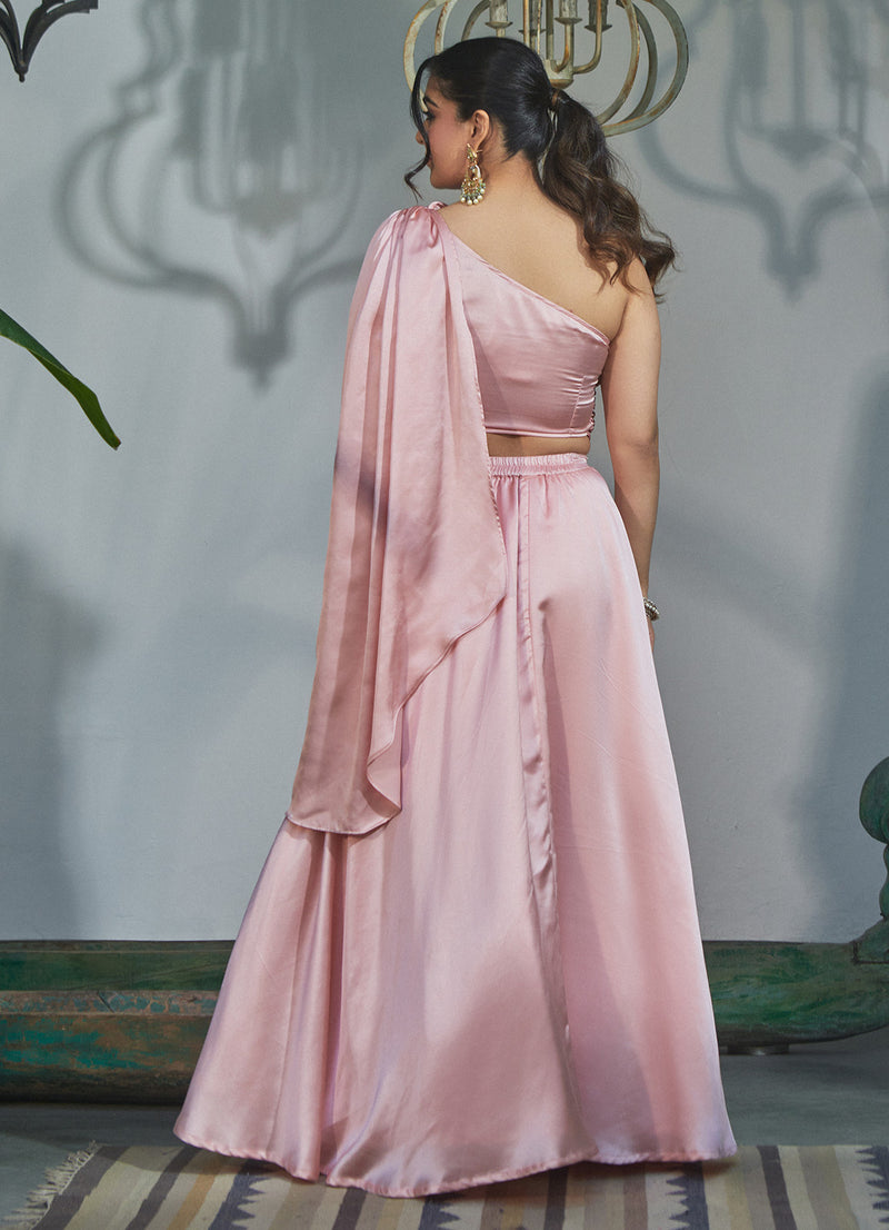 Cister Co Blush Pink Drape Blouse with Lehenga